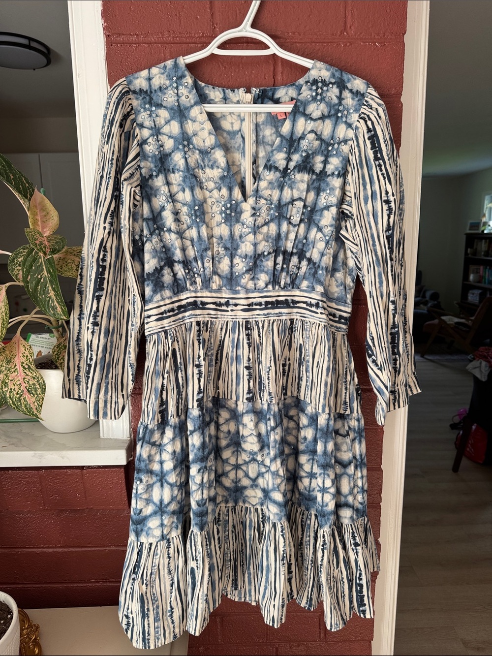 Not So Serious Anthropologie 100% Cotton Blue & White V Neck Tiered Mini Dress L